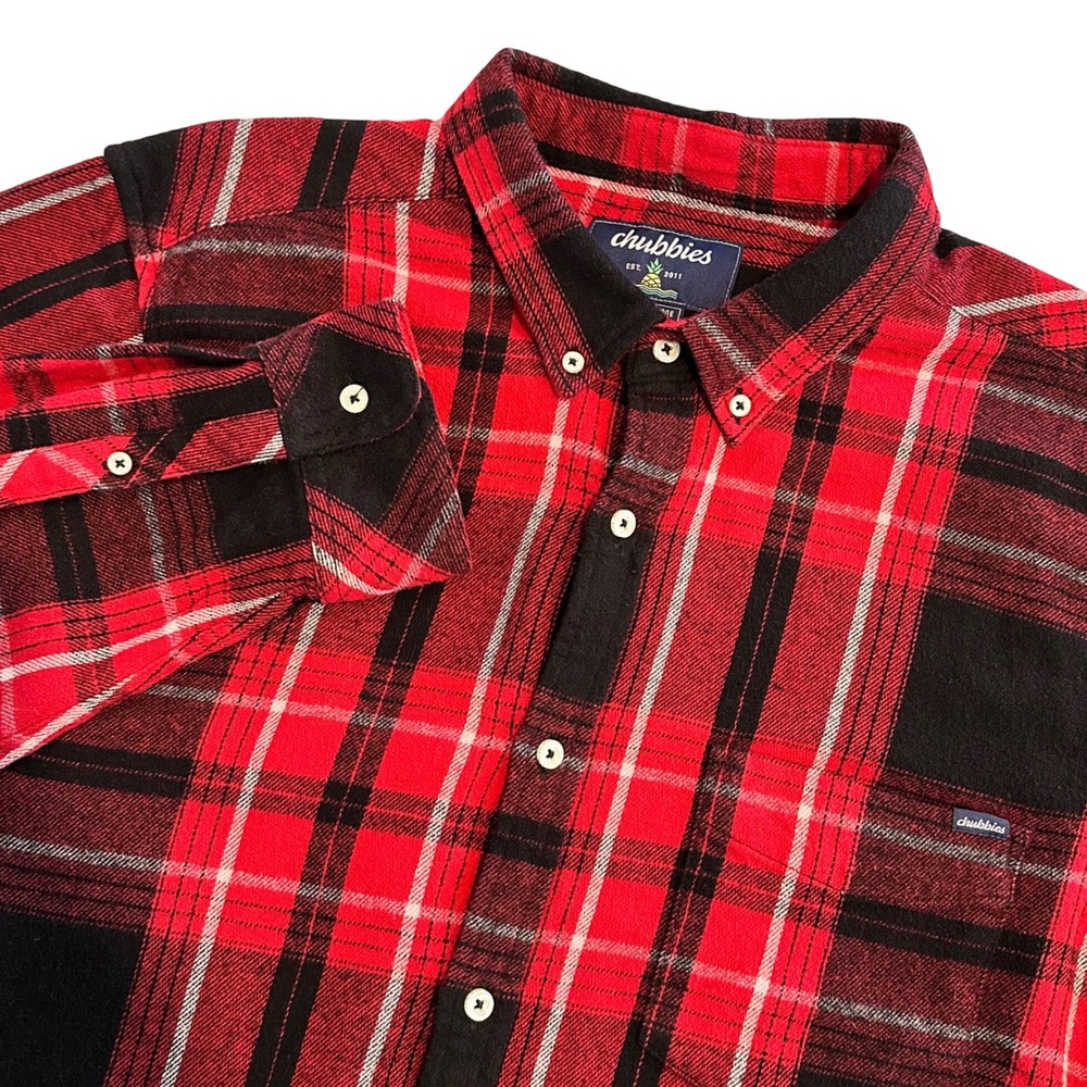 Chubbies Men's Size XL Red Black Plaid Flannel Button Down Shirt Stretch